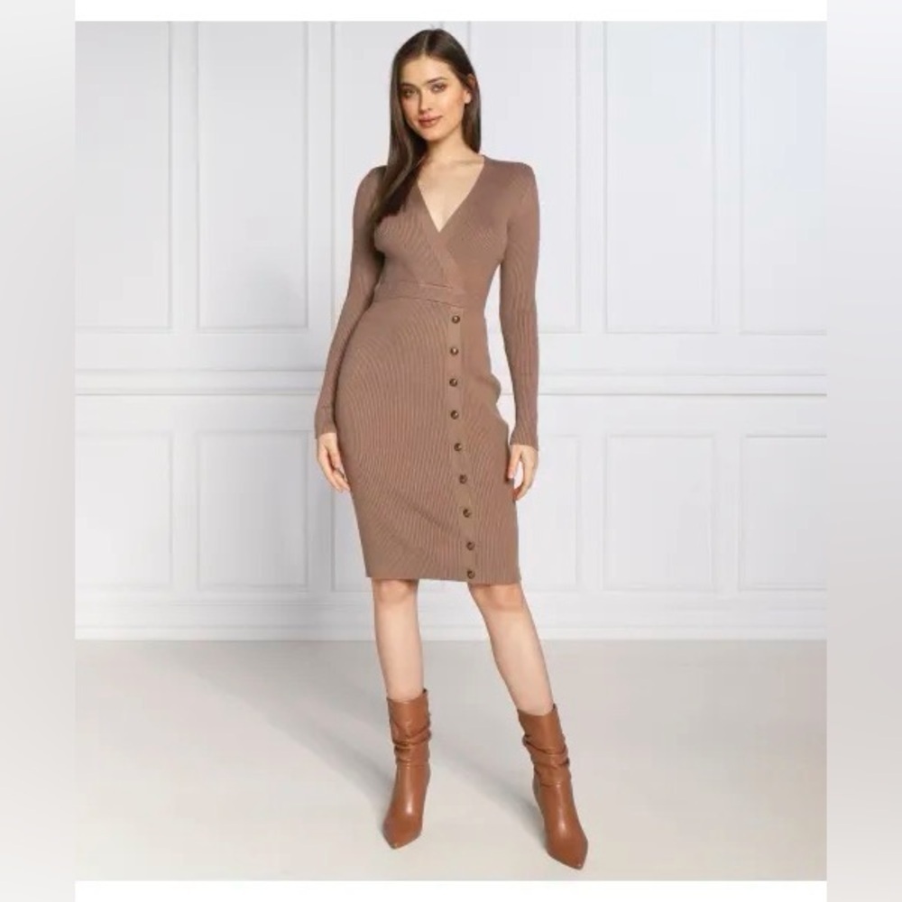 New Guess Brown Long Sleeve Knit Dress SZ M